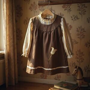 Vintage 70s Handmade Peasant Dress Girls 5/6 Brown Tulip A-Line Prairie Style
